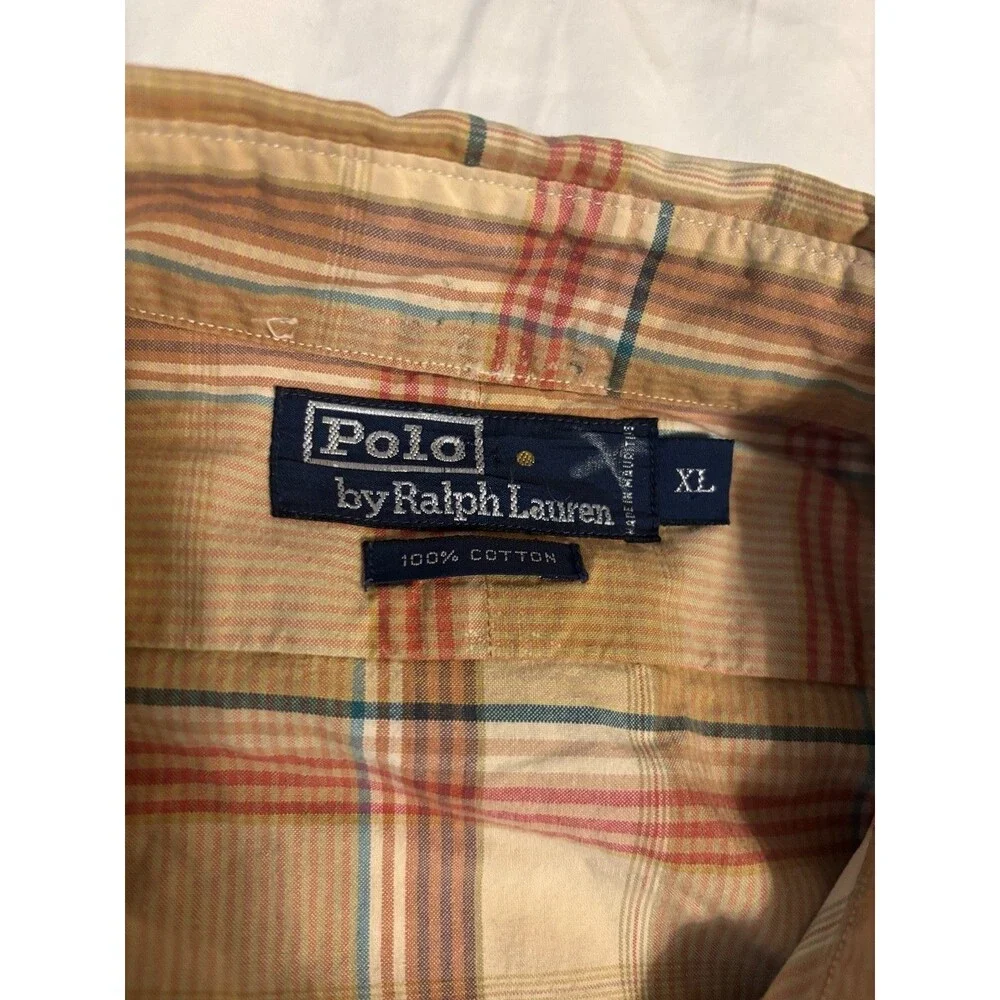 Polo Ralph Lauren Mens XL Plaid Button Front Shirt Beige Tan Cotton Long Sleeve